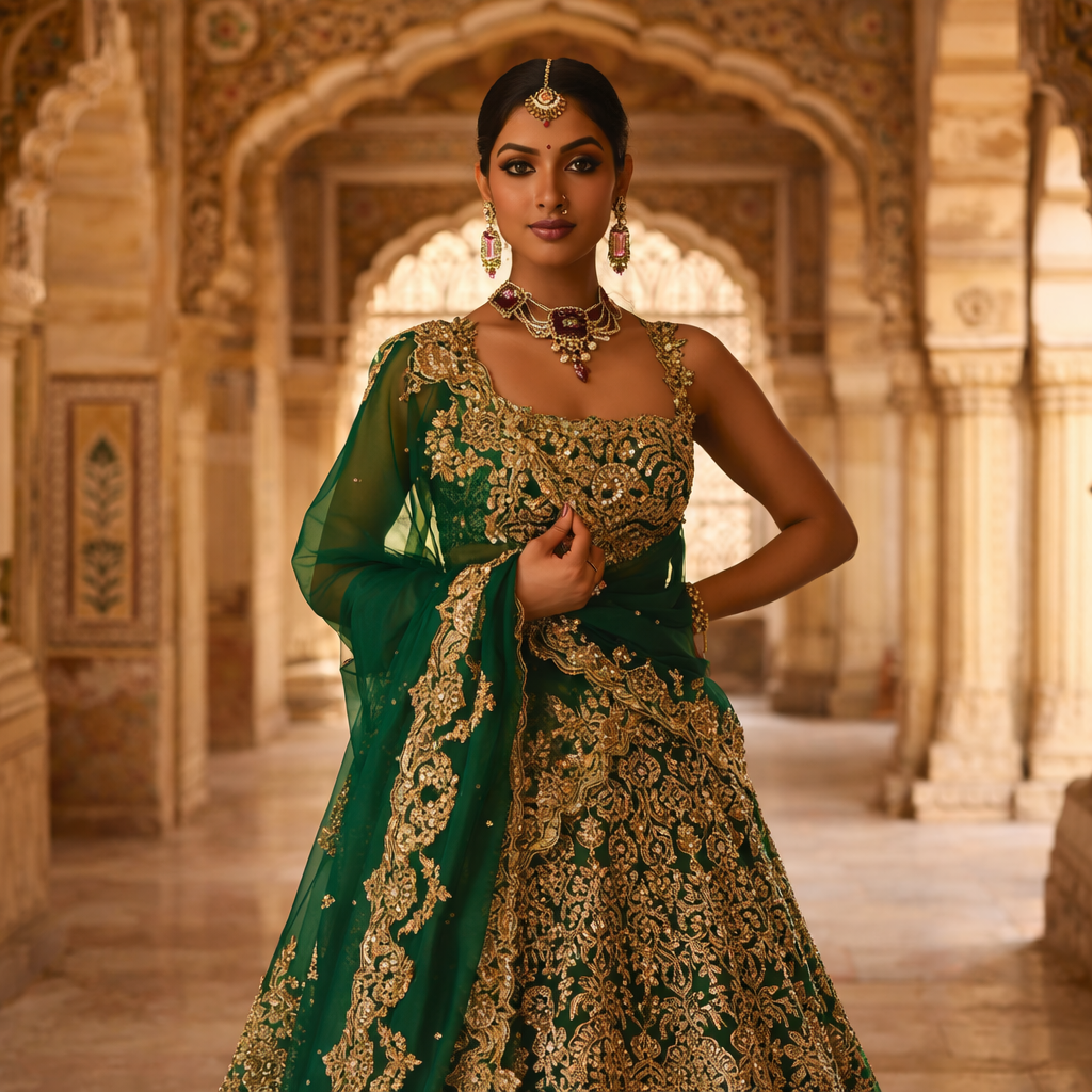 Elegant Rajnandini Lehenga by Kathaa featuring intricate embroidery and vibrant colors, perfect for wedding or festive occasions.
