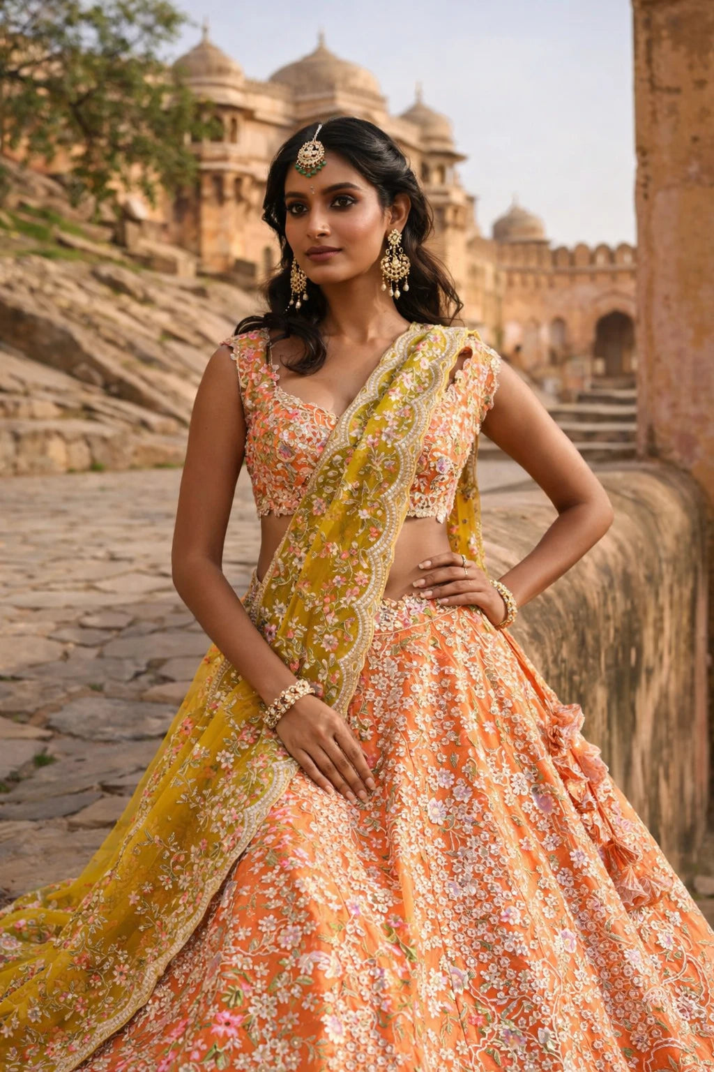 Elegant Rochika lehenga set by Kathaa, featuring intricate embroidery and vibrant colors for wedding and festive occasions.