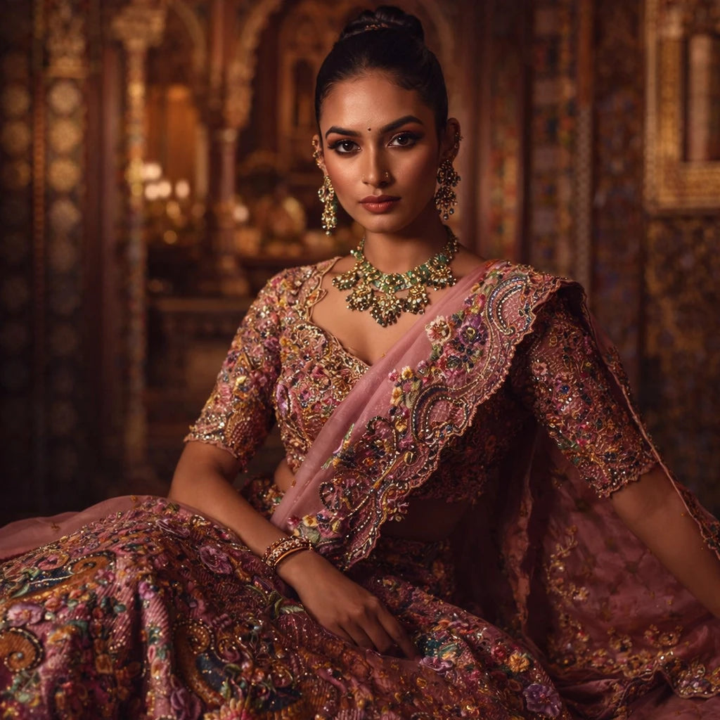 Elegant Rajsi Kathaa Lehenga Set by Kathaa.store featuring intricate embroidery and a regal design for wedding occasions.
