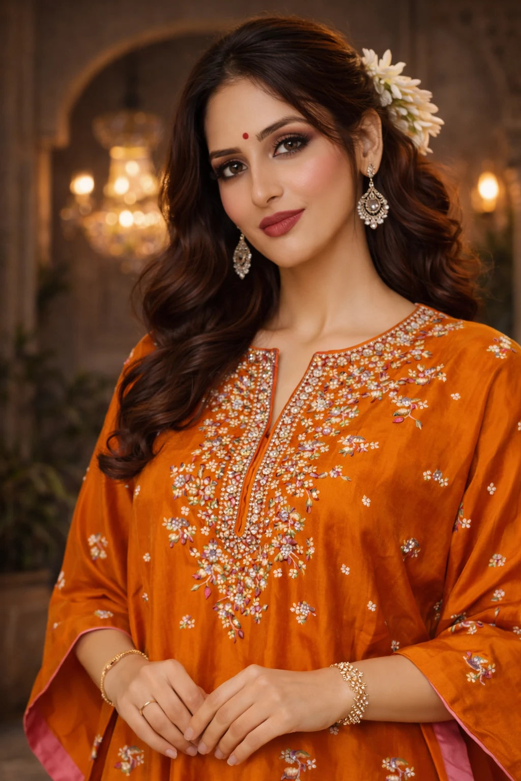Luxury orange Zahira Kaftan set with silk kaftan and cotton silk pants, featuring intricate detailing and elegant draping.