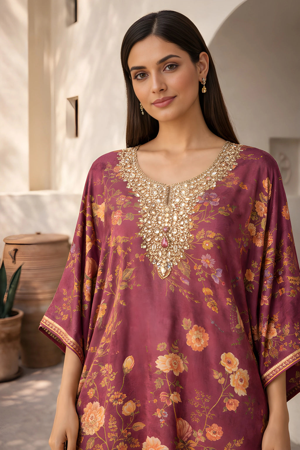Maroon floral crepe Zayra Kaftan set with cotton silk pants, designer Kathaa fashion, featuring elegant and vibrant traditional attire.