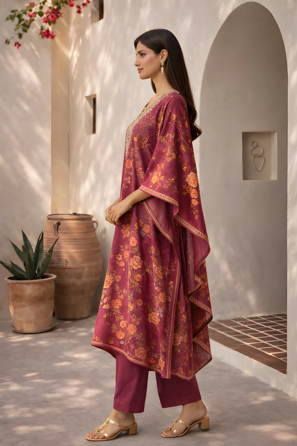 Maroon floral crepe Zayra Kaftan set with matching cotton silk pants, stylish designer Indian wear by Kathaa.