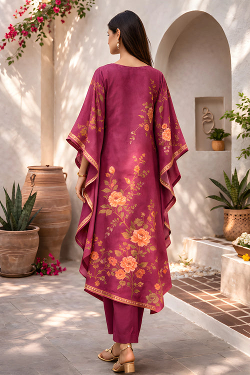 Maroon floral crepe Zayra Kaftan set with cotton silk pants, designer Kathaa kaftan ensemble displayed on model.