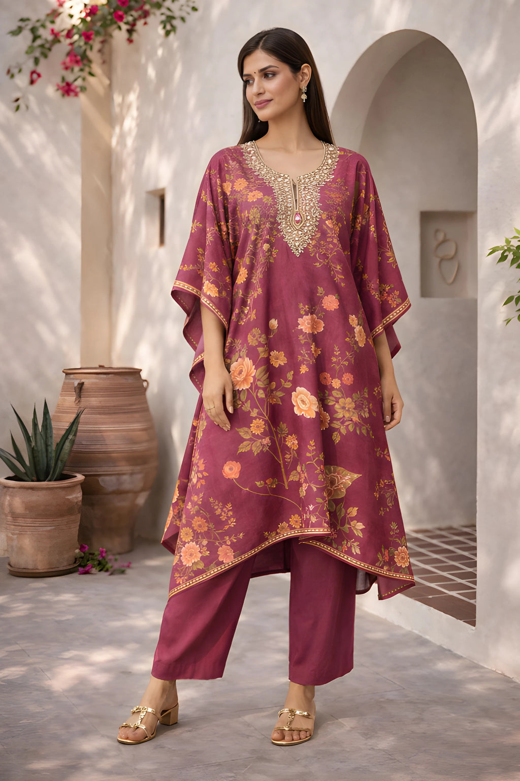 Maroon floral crepe Zayra Kaftan set with matching cotton silk pants, designer Kathaa kaftan for elegant traditional wear