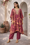 Maroon floral crepe Zayra Kaftan set with matching cotton silk pants, designer Kathaa kaftan for elegant traditional wear