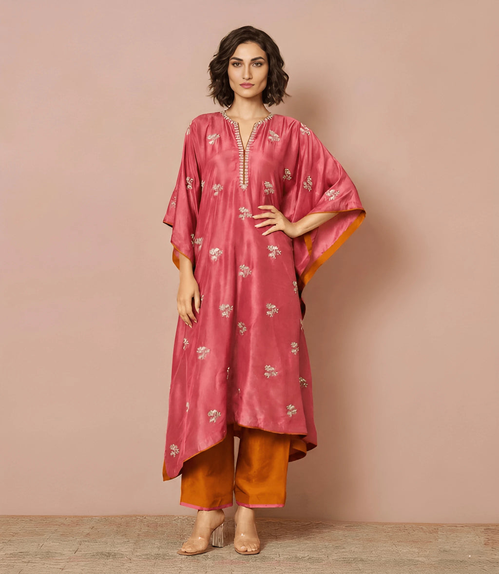 Rose pink Samirah Kaftan set by Kathaa with luxurious dupioni silk and matching cotton silk pants, elegant and vibrant.