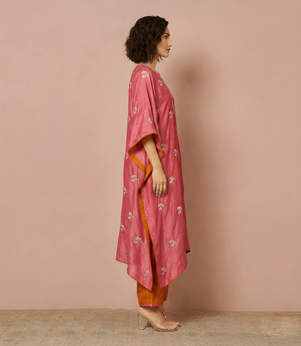 Rose pink Samirah Kaftan set by Kathaa with elegant dupioni silk fabric and matching cotton silk pants, styled for a sophisticated look.