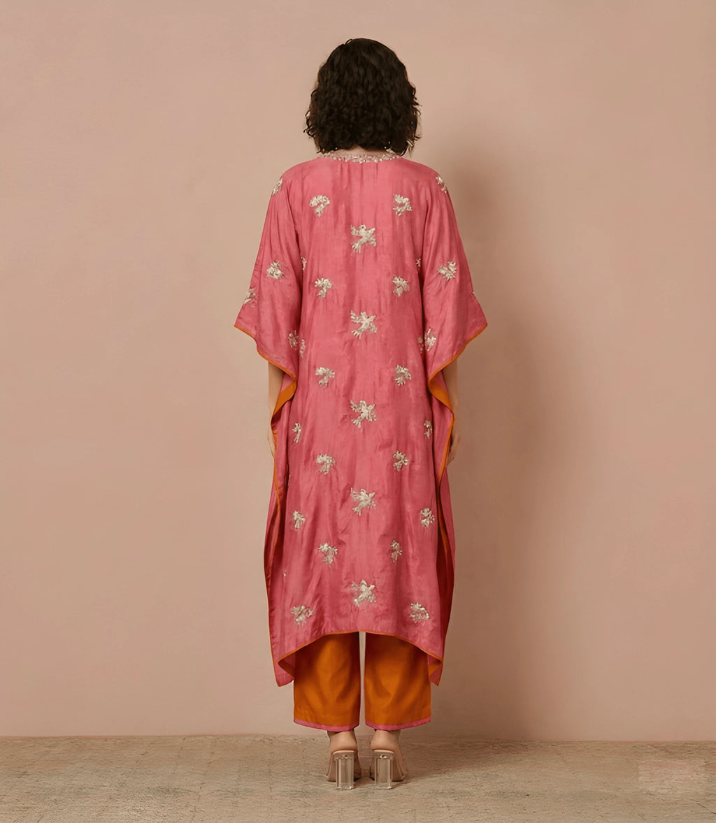 Rose pink Samirah Kaftan set with elegant dupioni silk kaftan and cotton silk pants, designed by Kathaa.