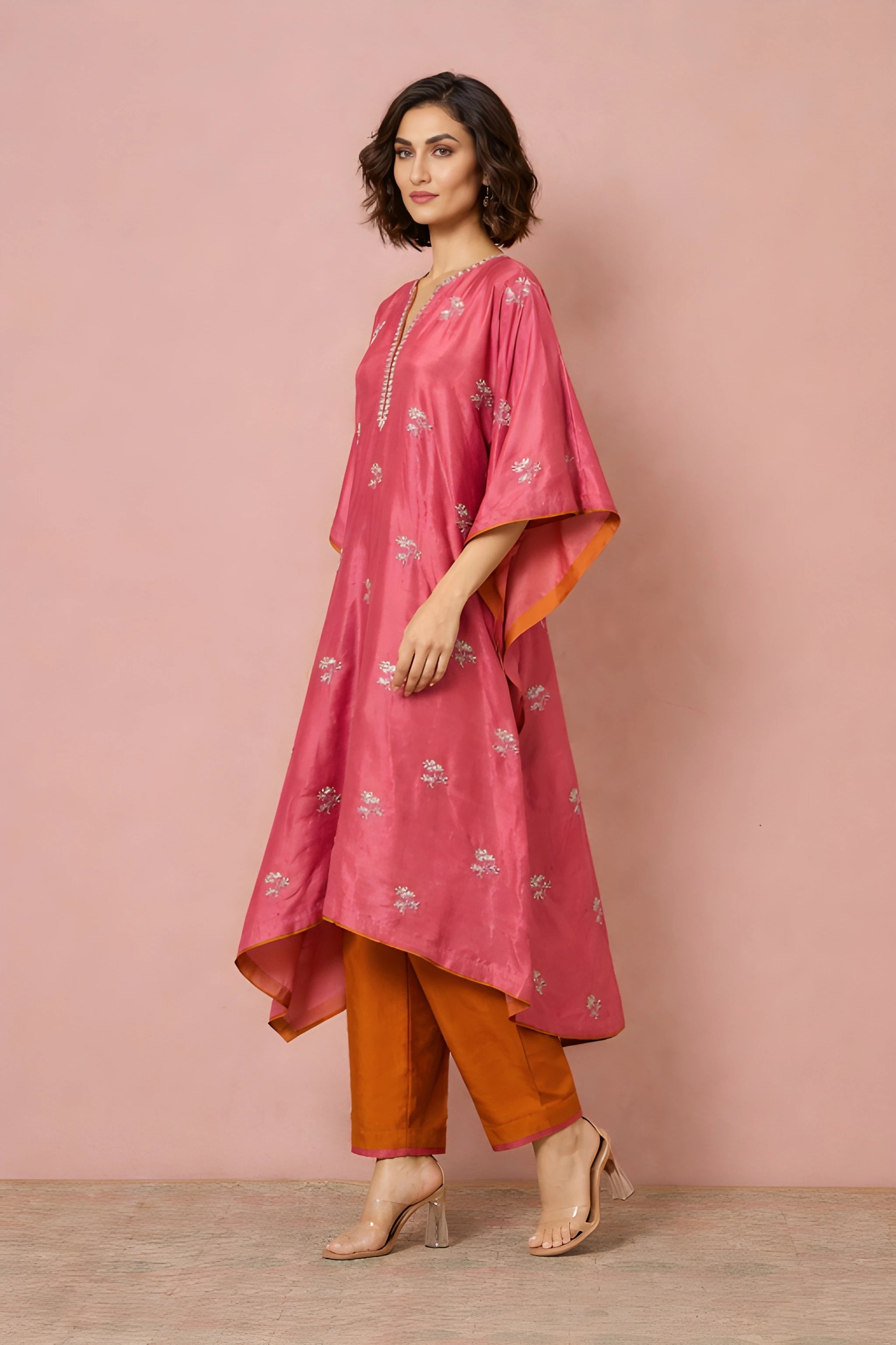 Samirah Kaftan Set – Rose Pink Dupioni Silk Designer Kaftan with Cotton Silk Pants | Kathaa