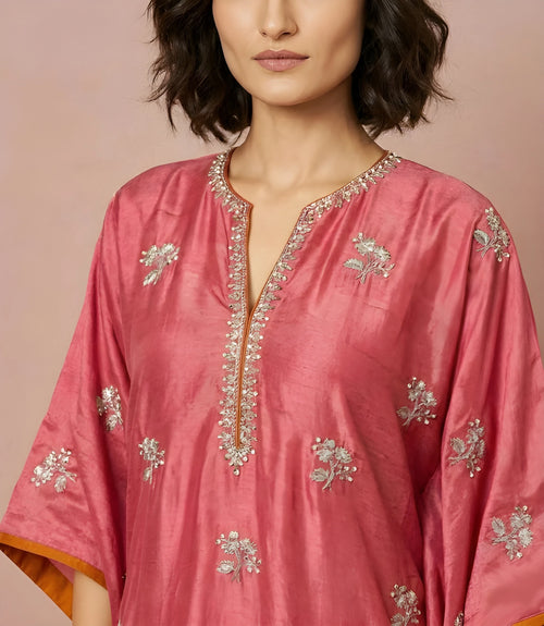 Rose pink Samirah kaftan set with dupioni silk top and cotton silk pants by Kathaa, elegant designer clothing for women.