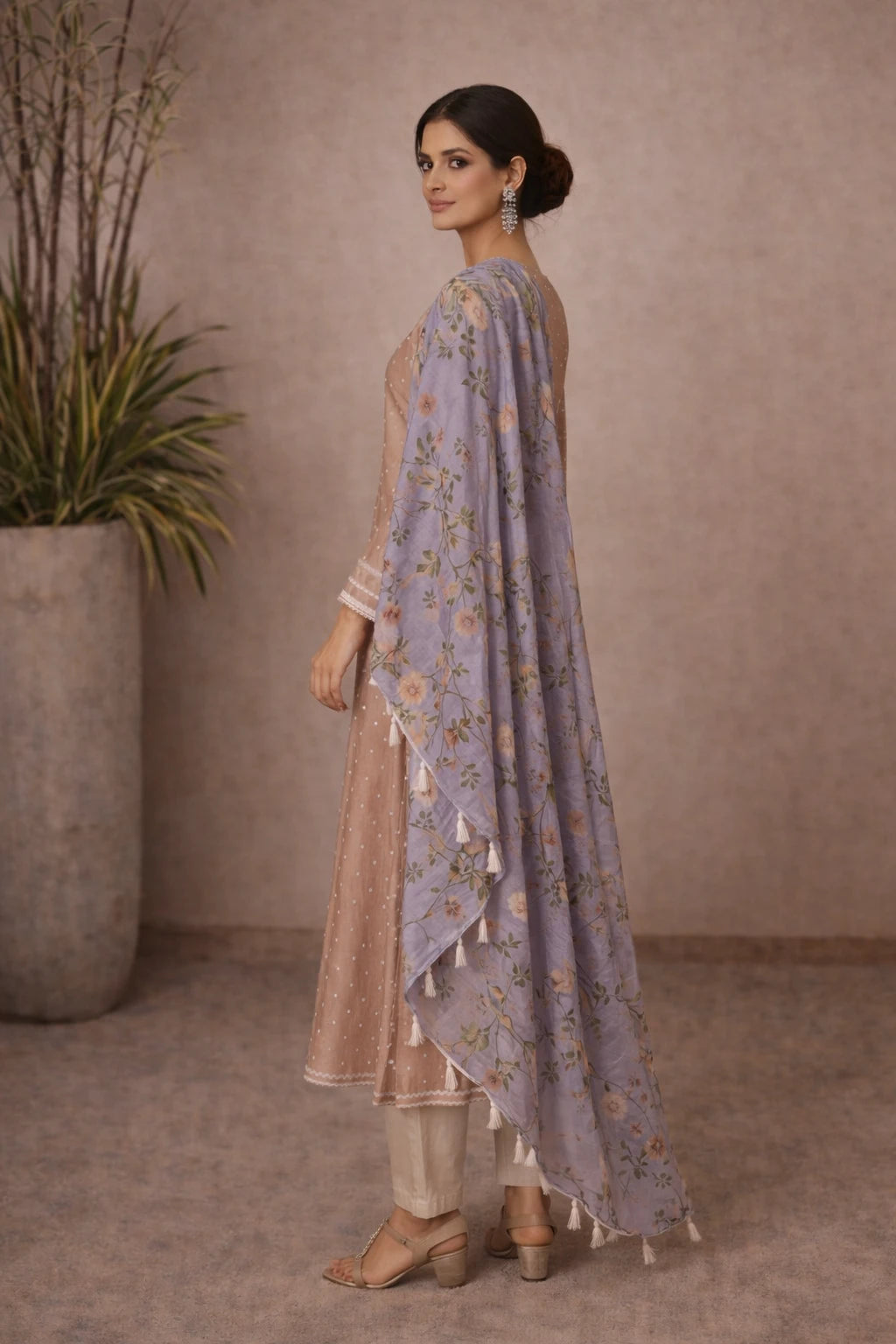 Vasika Kurta Set – Designer Beige Ethnic Kurta Set with Floral Dupatta | Kathaa