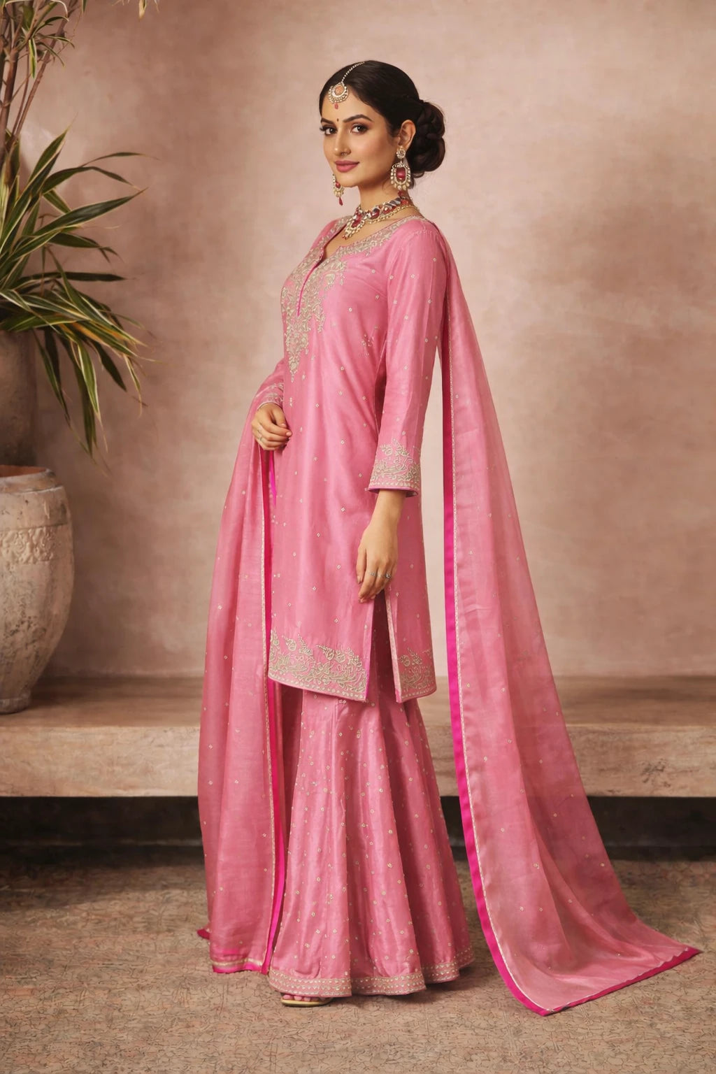 Pink designer Ruhika Kurta Set with matching dupatta, featuring traditional embroidery and elegant styling for festive occasions.
