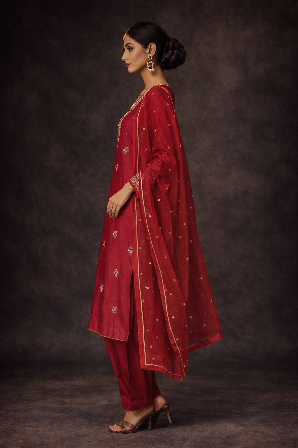 Red designer Lalima Kurta set with matching dupatta, stylish festive wear by Kathaa for women, shown from side angle.