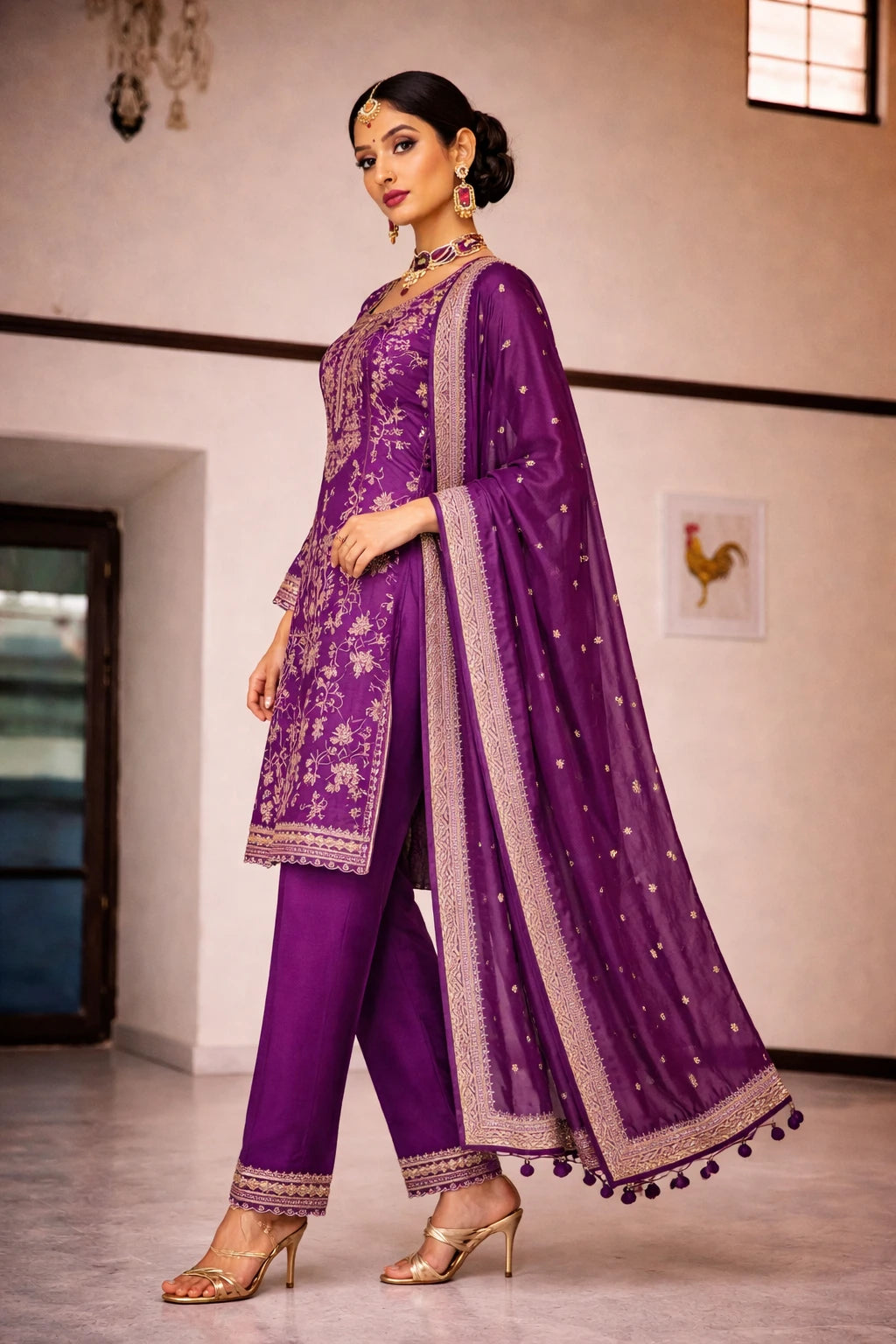 Side view of Kathaa Rajnidhi Kurta Set featuring a purple designer kurta with matching dupatta for festive occasions.