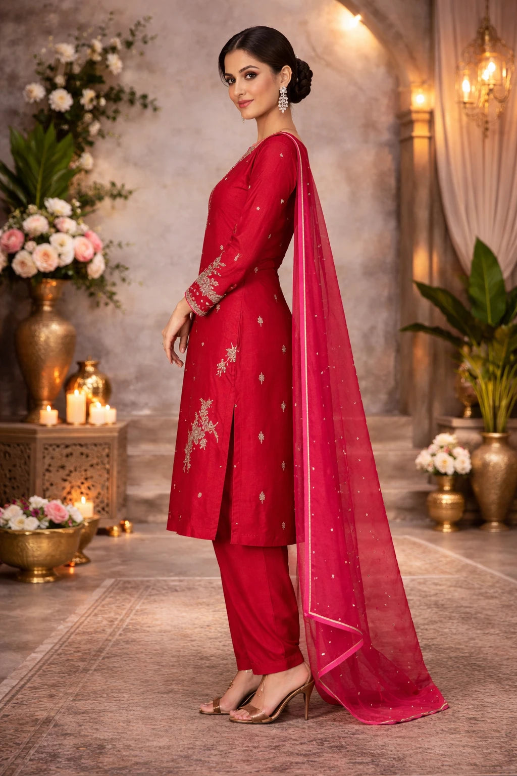 Kumudini Kurta Set – Designer Crimson Pink Festive Kurta Set with Dupatta | Kathaa