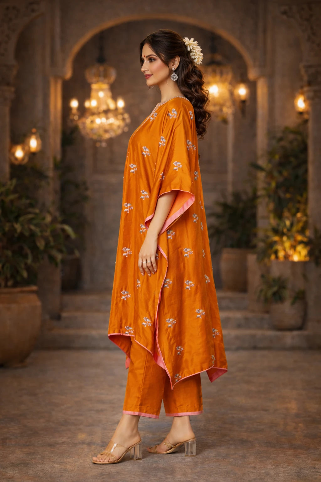 Side view of Kathaa luxury orange Zahira Kaftan set with silk kaftan and cotton silk pants, showcasing elegant fabric and drape.