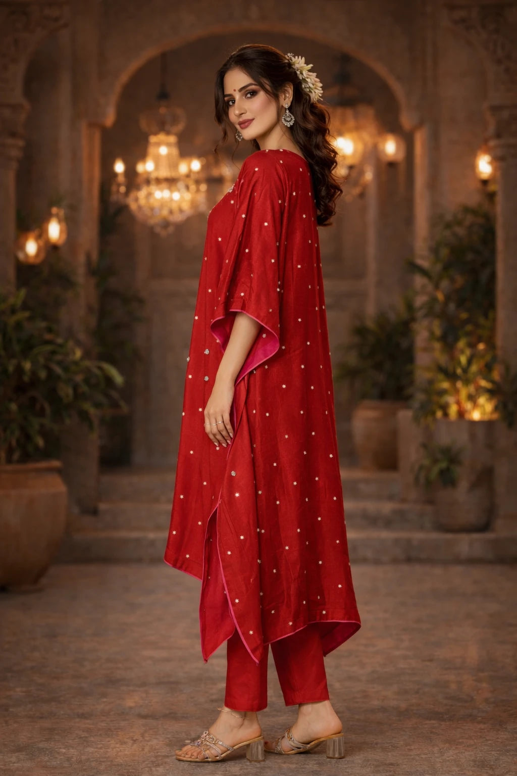 Red Ruqayya Kaftan set with cotton silk pants, featuring elegant design and luxurious dupioni silk fabric, by Kathaa.