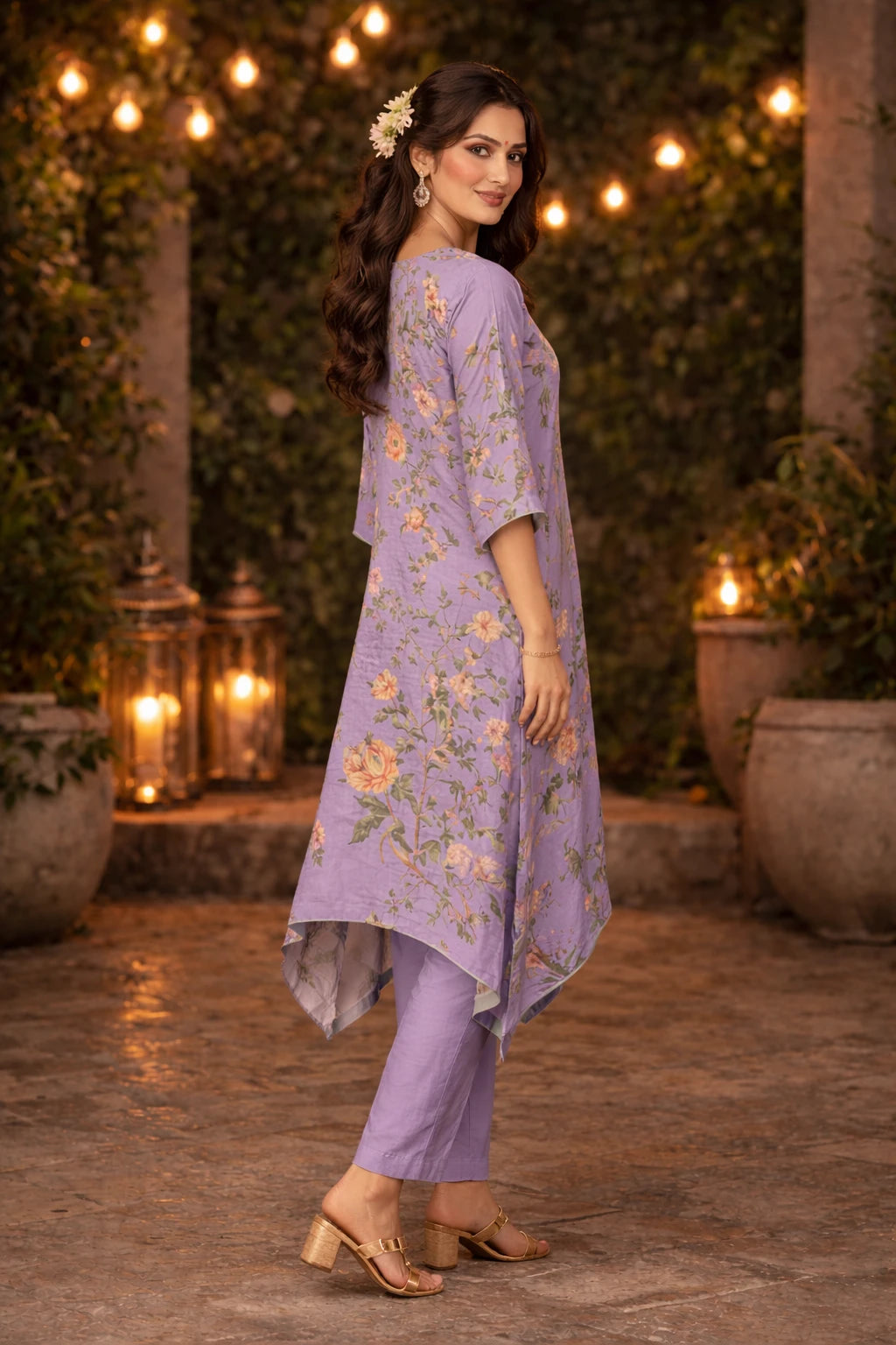 Liyana Kaftan Set – Lavender Floral Printed Crepe Kaftan with Cotton Silk Pants | Kathaa