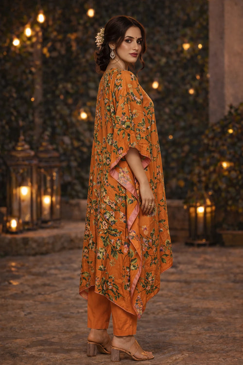 Orange floral printed crepe Nayara Kaftan set with cotton silk pants, stylish and comfortable for elegant summer wear.