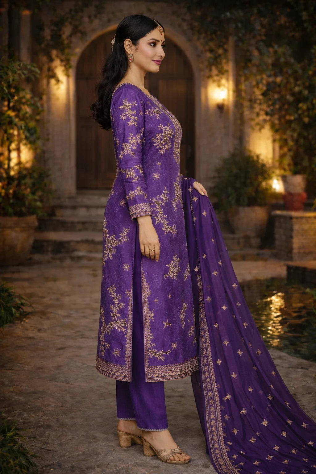 Side view of Kathaa Varnika Kurta Set with purple designer kurta, matching dupatta, perfect for festive occasions.