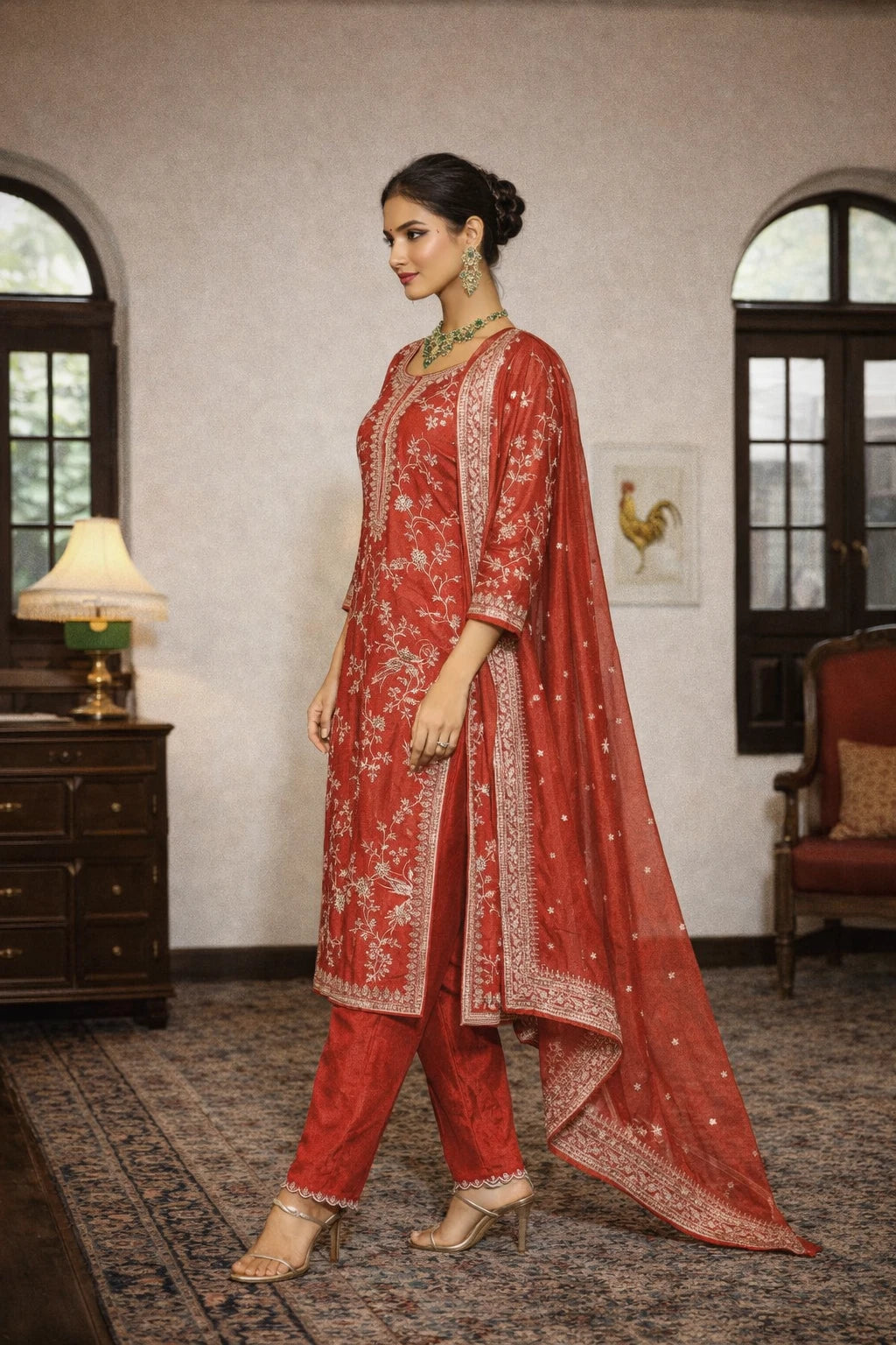 Red designer Arunika Kurta Set with matching dupatta from Kathaa, showcasing intricate embroidery and traditional festive style.
