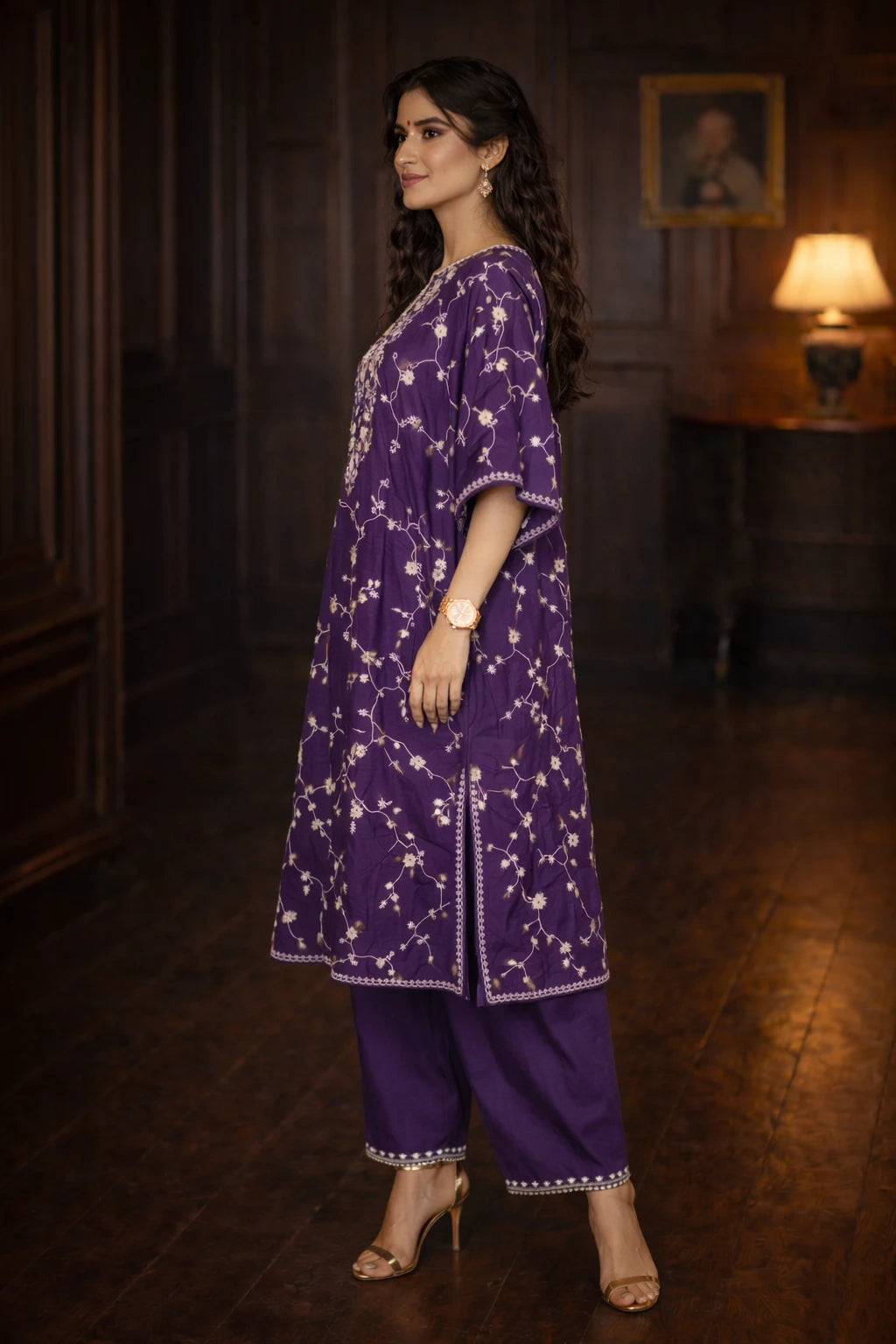 Purple Zareen Kaftan set with silk fabric and cotton silk pants, featuring intricate design and flowing style, by Kathaa.