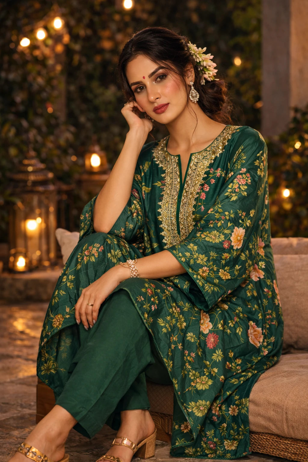 Zafira Kaftan Set – Emerald Green Floral Printed Crepe Kaftan with Cotton Silk Pants | Kathaa