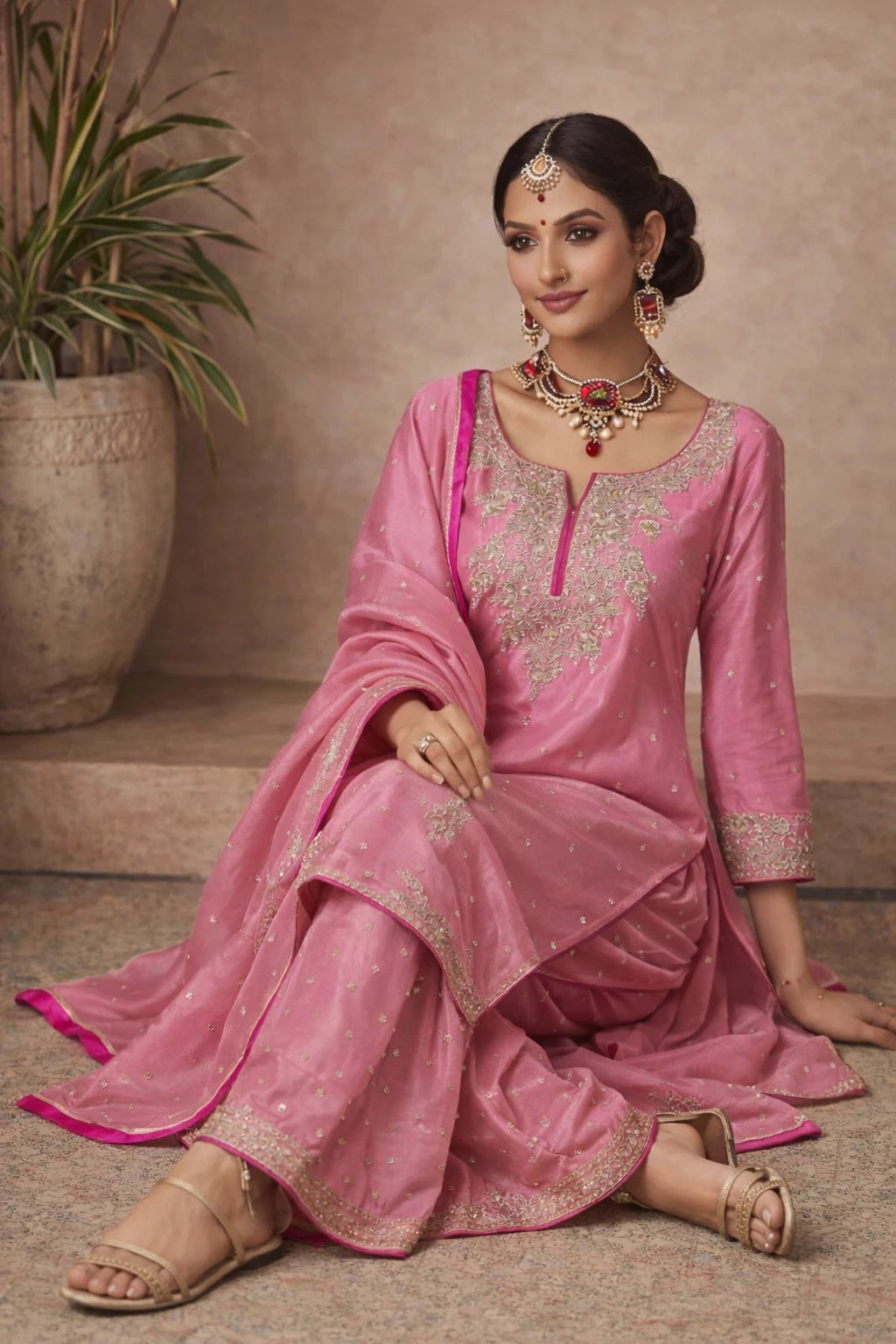 Kathaa Ruhika pink designer kurta set with matching dupatta, featuring intricate embroidery, worn by a woman sitting.