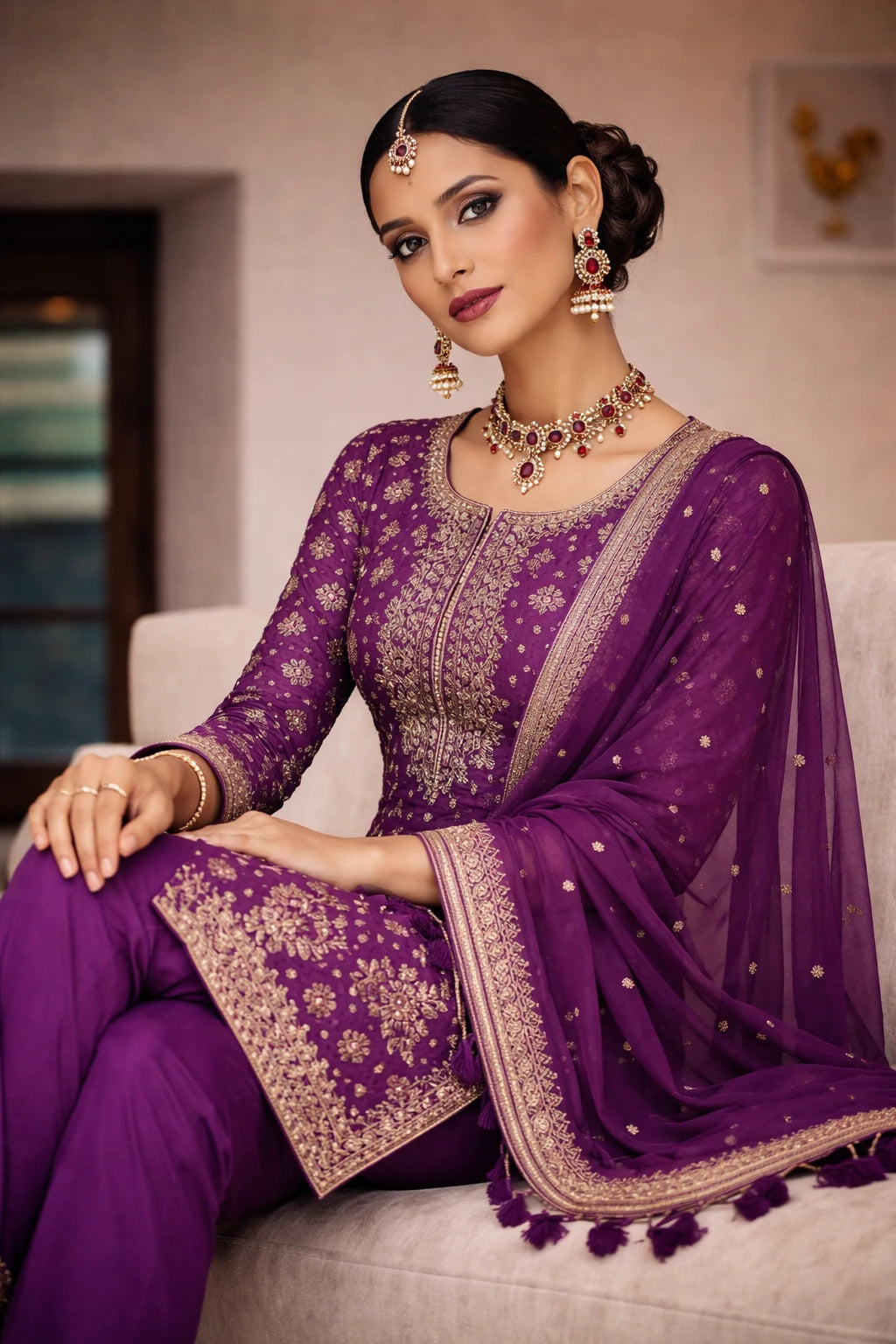 Elegant purple designer Rajnidhi Kurta Set with matching dupatta, featuring intricate embroidery and traditional styling.