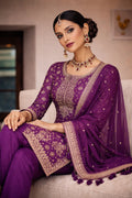 Elegant purple designer Rajnidhi Kurta Set with matching dupatta, featuring intricate embroidery and traditional styling.