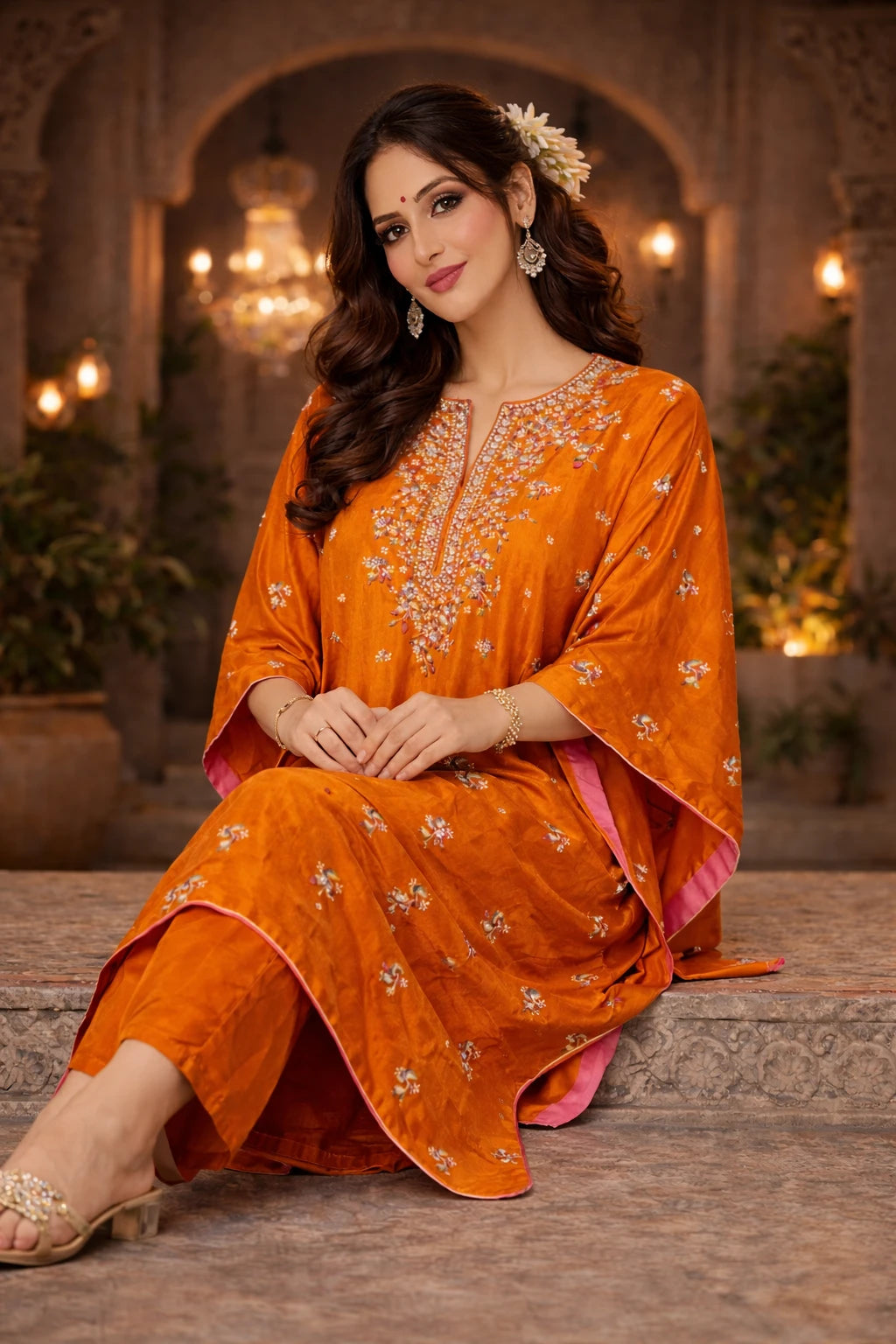 Orange luxury Zahira Kaftan set with silk fabric and matching cotton silk pants, stylish and elegant for special occasions.