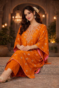 Orange luxury Zahira Kaftan set with silk fabric and matching cotton silk pants, stylish and elegant for special occasions.