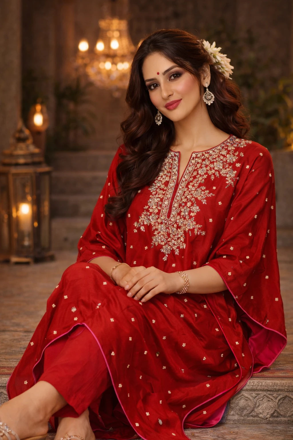 Red Ruqayya Kaftan set with silk fabric and cotton silk pants, featuring intricate design and elegant drape, by Kathaa.