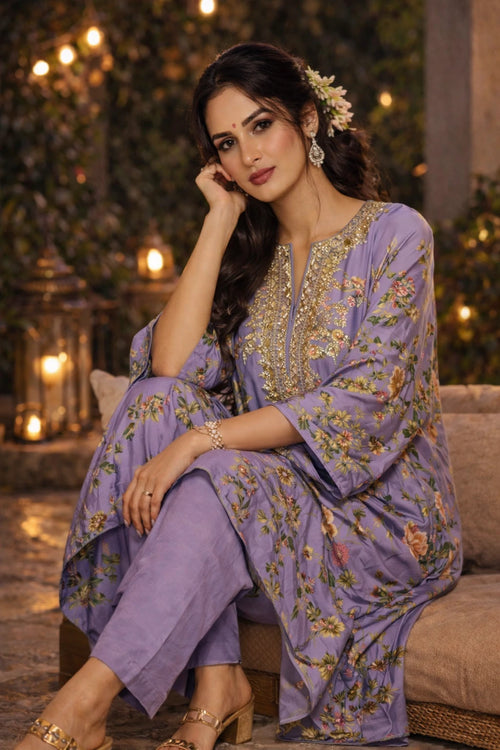 Lavender floral printed crepe kaftan with matching cotton silk pants from Kathaa, styled for a relaxed, elegant look.
