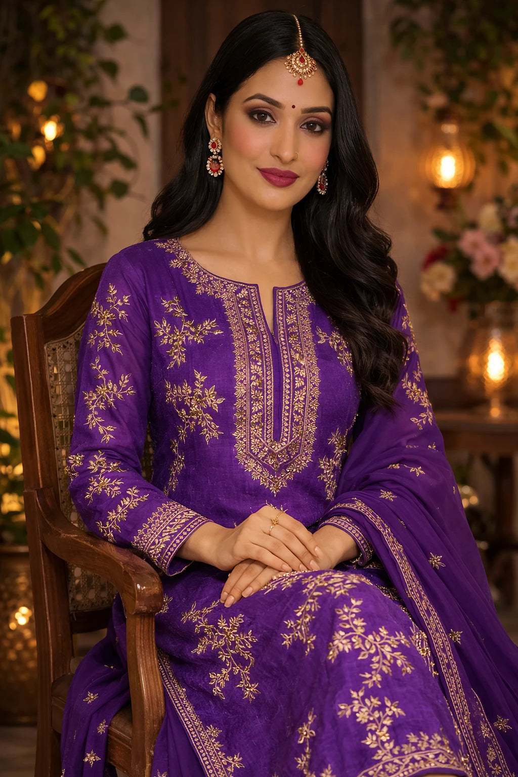 Purple Varnika Kurta Set with matching dupatta, designer festive Indian attire by Kathaa, shown sitting with intricate embroidery.