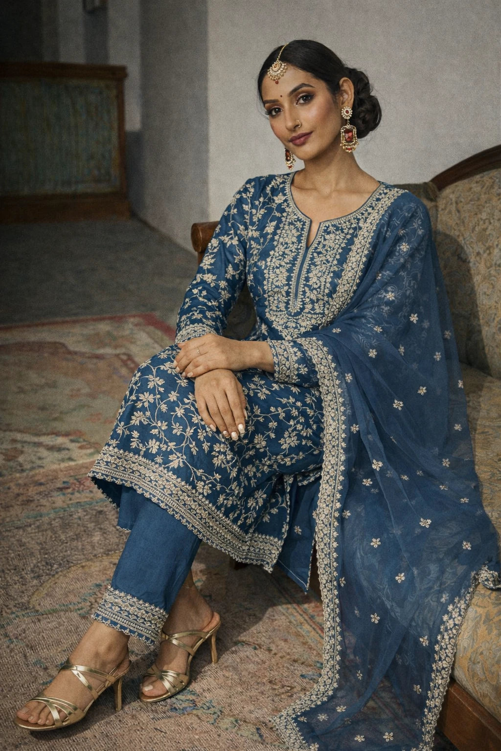 Blue Neelanshi Kurta Set with intricate embroidery, matching dupatta, and traditional design for festive occasions by Kathaa