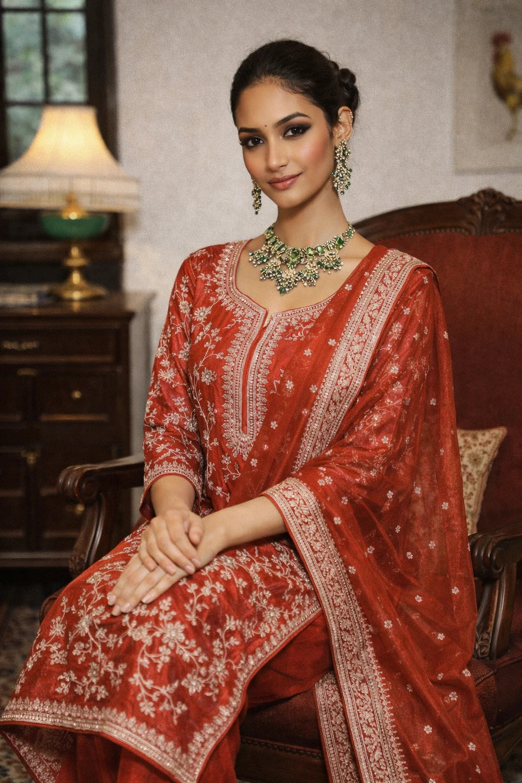 Red designer Arunika Kurta Set with matching dupatta, featuring intricate embroidery, perfect for festive occasions.