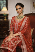 Red designer Arunika Kurta Set with matching dupatta, featuring intricate embroidery, perfect for festive occasions.