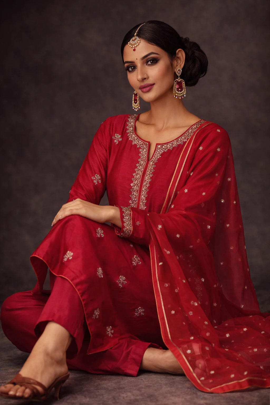 Kathaa Lalima red designer kurta set with matching dupatta, shown sitting on a sofa, perfect for festive occasions.