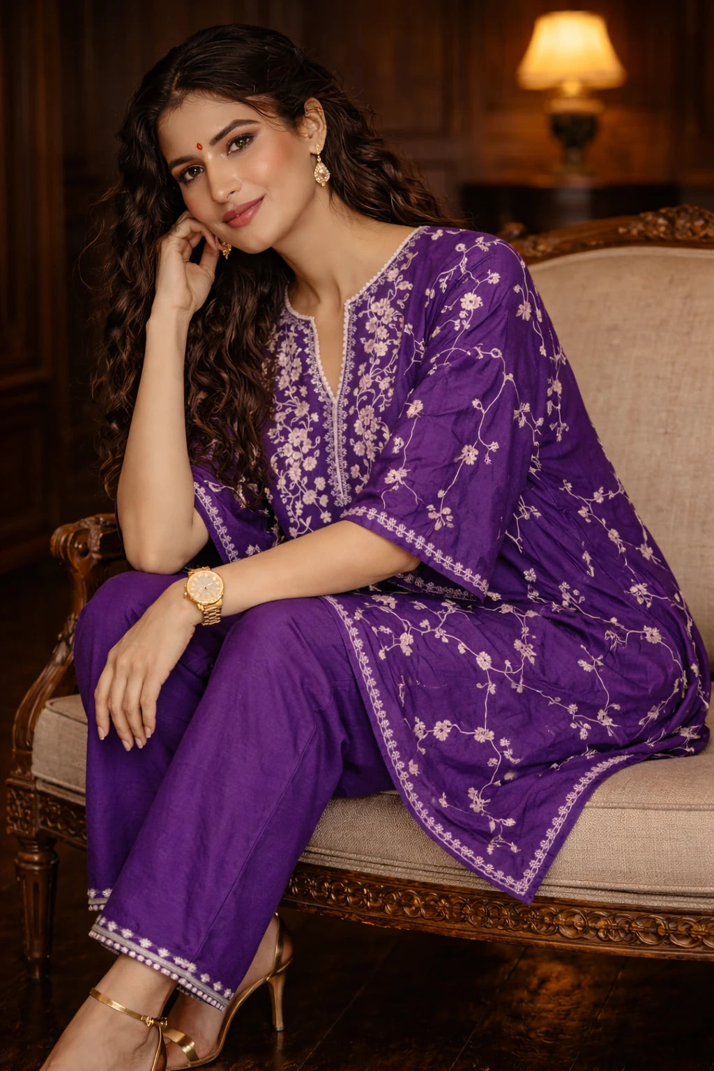 Purple Zareen Kaftan set with dupioni silk fabric and matching cotton silk pants, designed by Kathaa.
